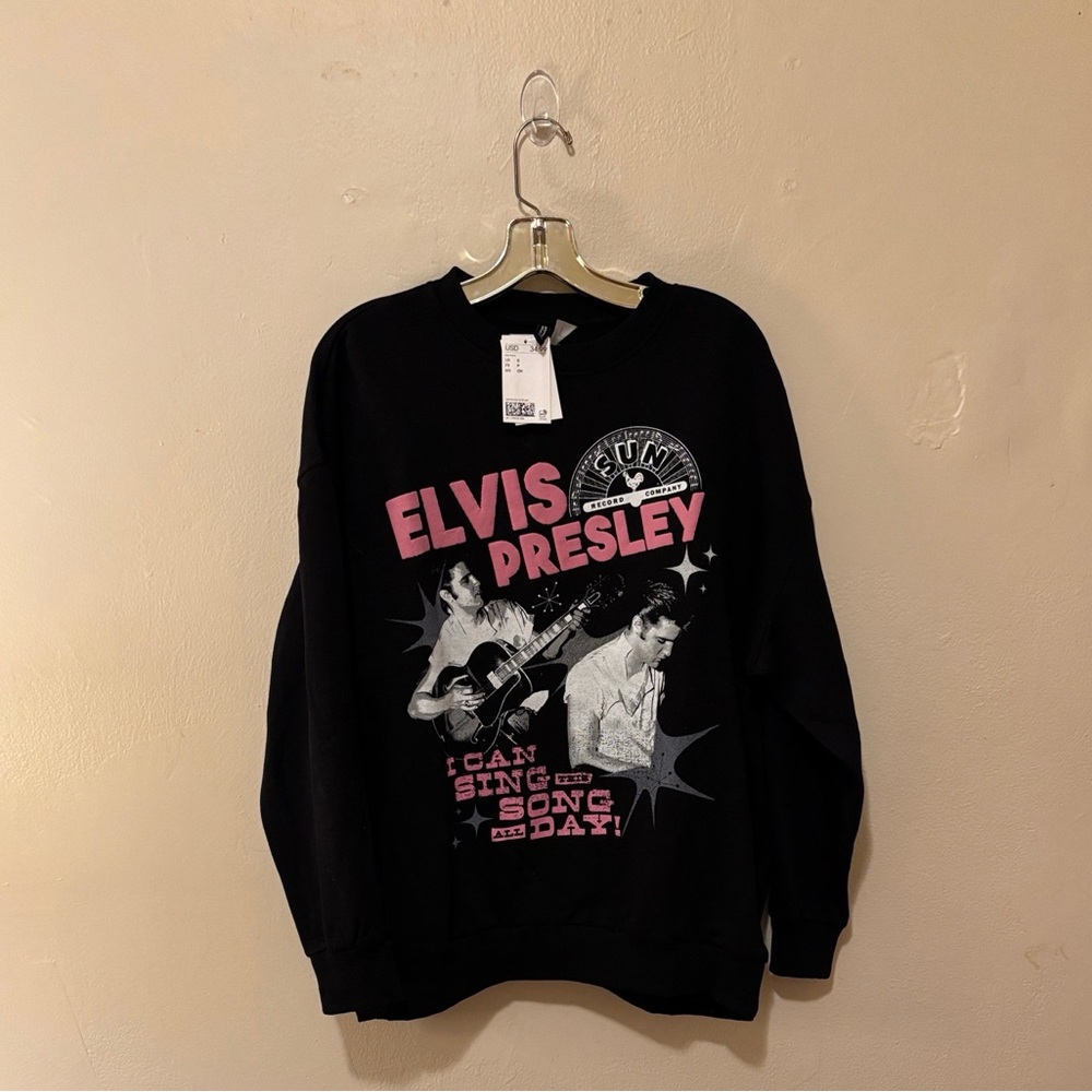 Divided Black Crewneck with Pink Elvis Presley Graphic